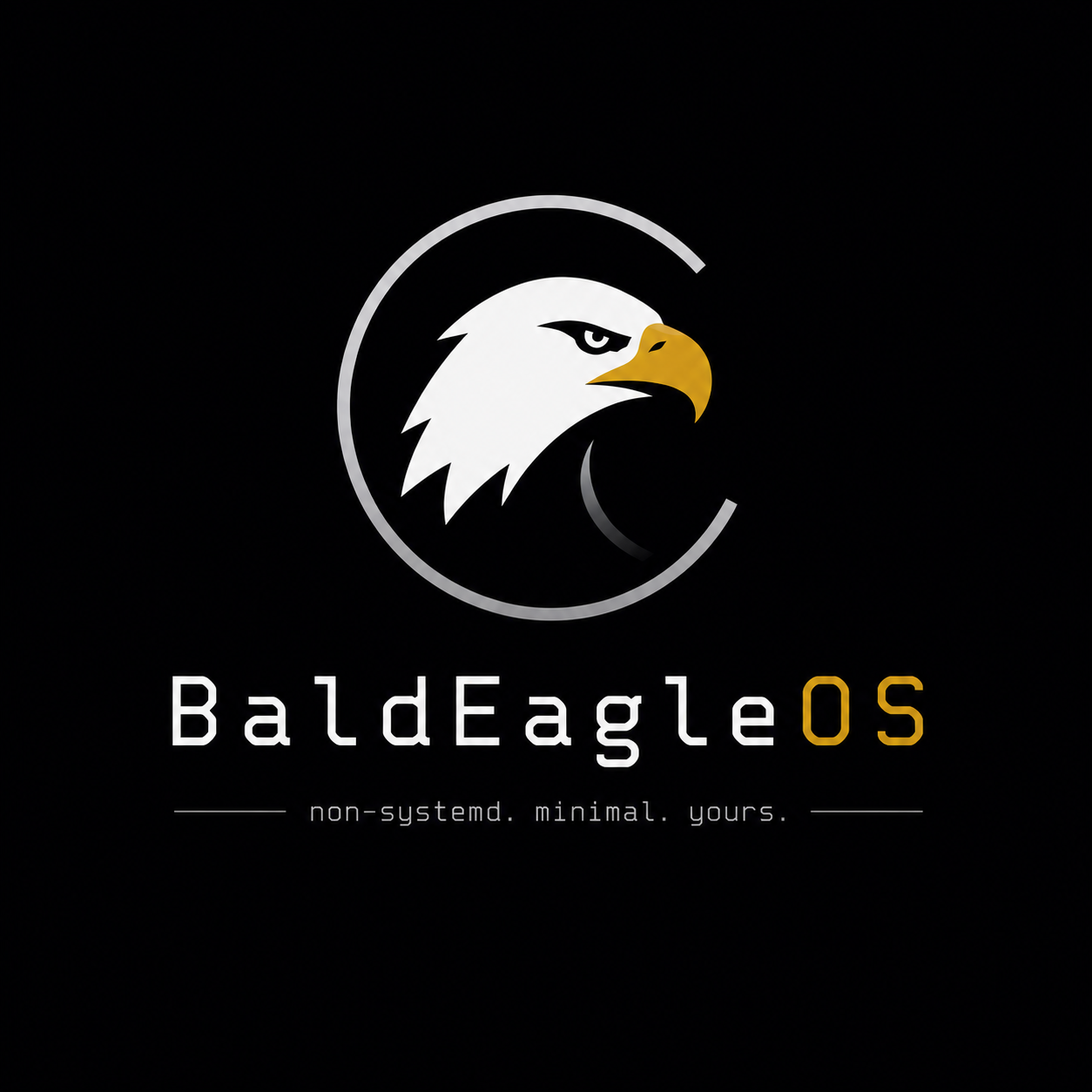 BaldEagleOS eagle logo with silver ring, gold beak, and the text non-systemd. minimal. yours.